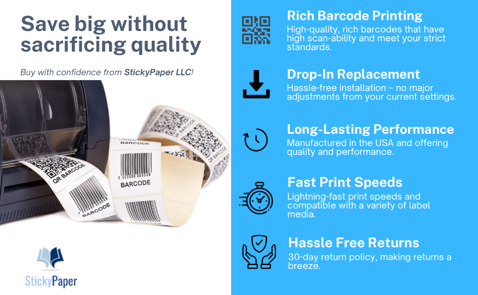 TTR-Features & Benefits Features and Benefits page for StickyPaper LLC thermal ribbons